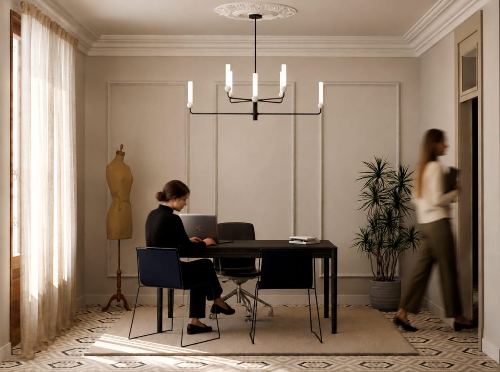 Atelier en el centro histórico de Valencia (ATL06): despacho principal del atelier con lámpara de candelabro