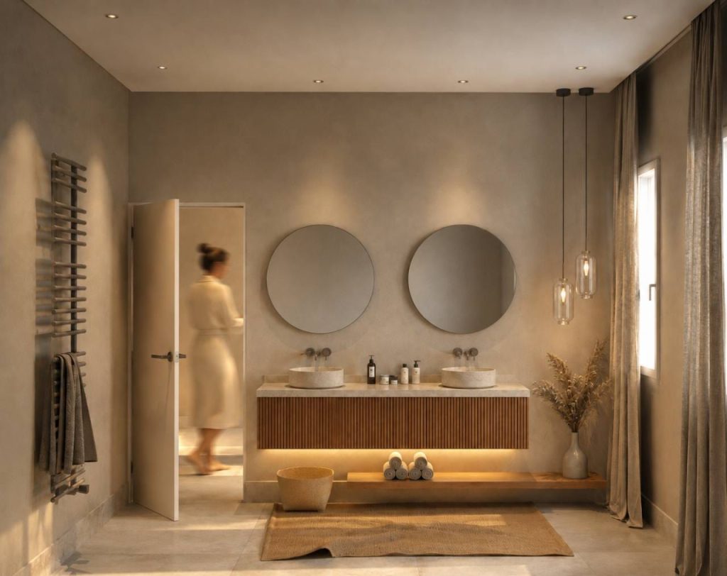 Mueble de doble lavabo con espejos redondos