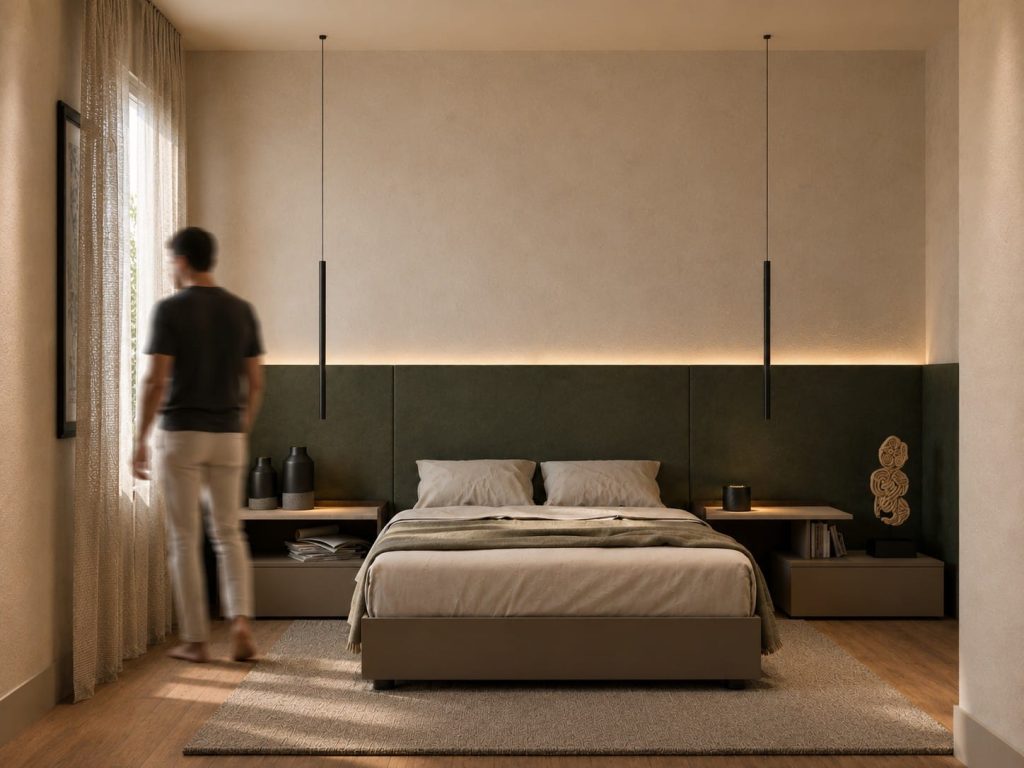 Dormitorio principal con cabecero tapizado en verde