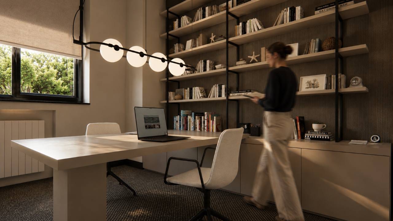 Mesa de trabajo compartida con estantería a medida