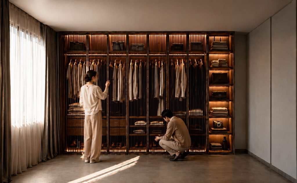 Vestidor a medida en nogal con frentes de varillas iluminados