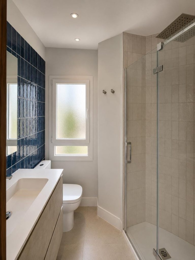 Baño con azulejo azul artesanal y ducha