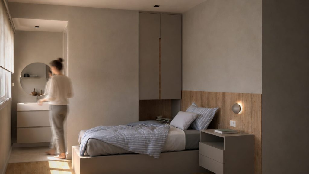 Residencia universitaria en Madrid (RSI12): habitación de la residencia con mobiliario a medida